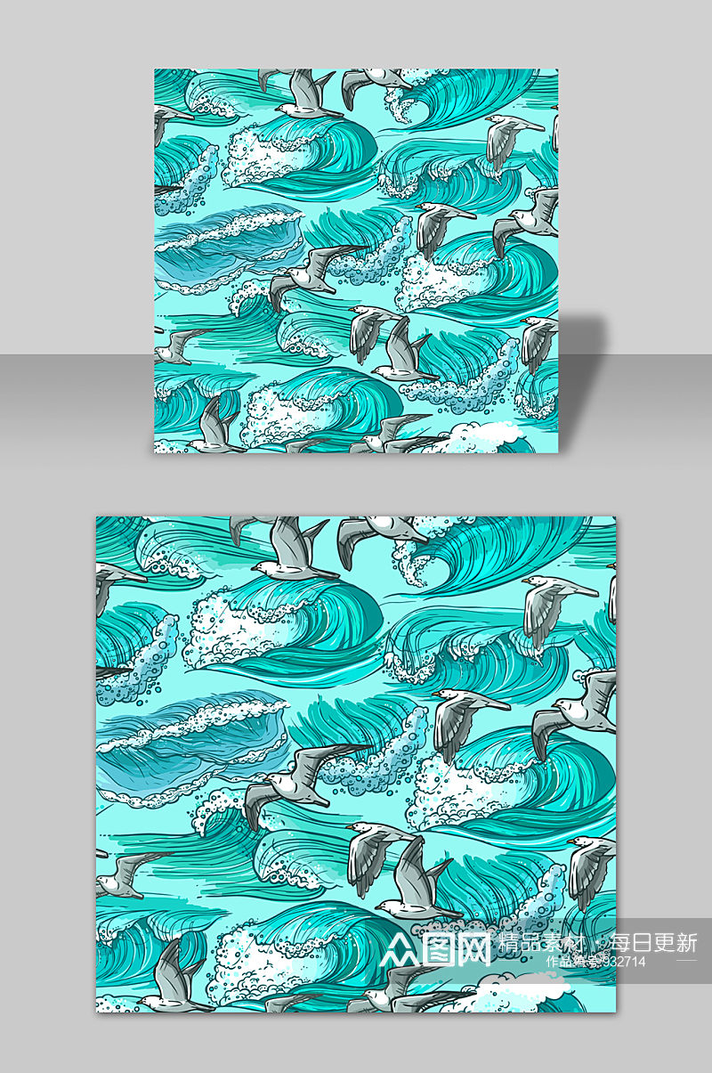 手绘卡通大海海浪海鸥矢量元素素材