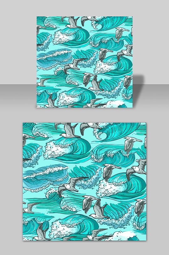 手绘卡通大海海浪海鸥矢量元素