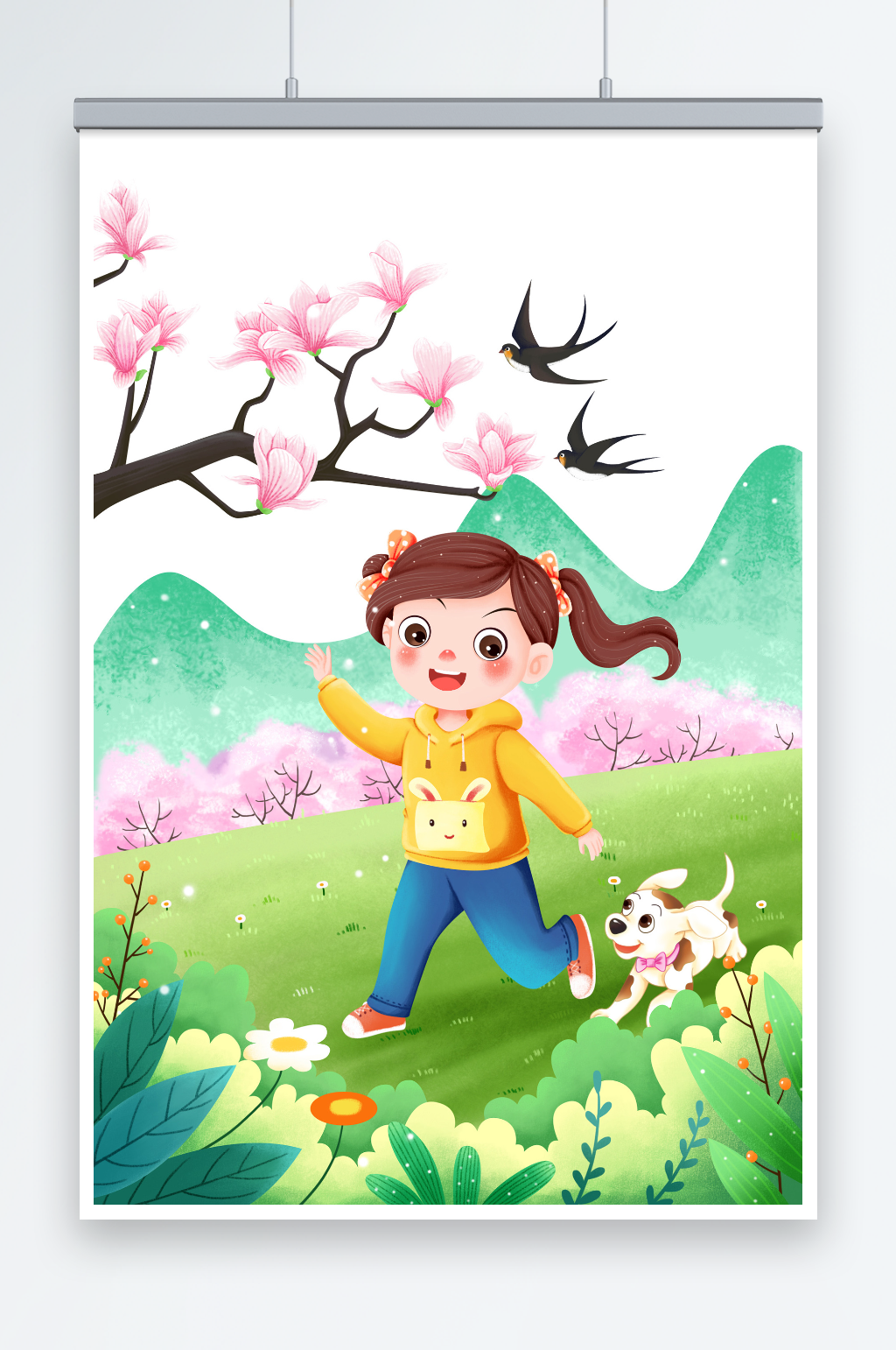 春天燕子手绘女孩狗樱花节插画海报素材