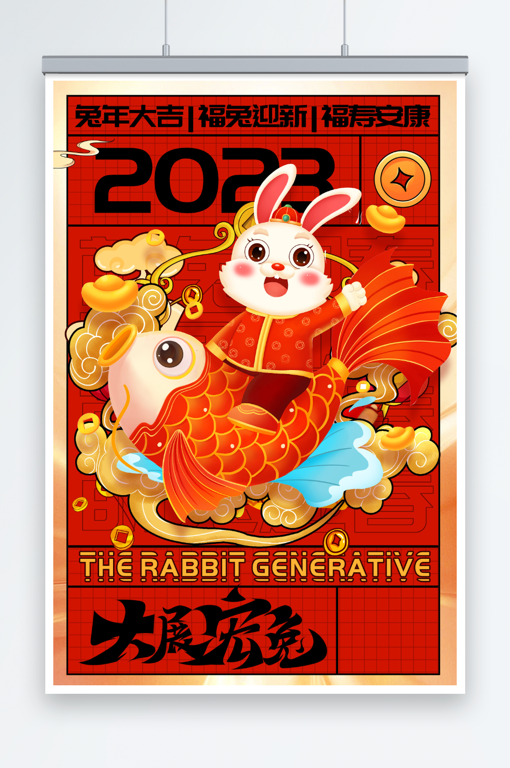 兔年喜庆福兔新年春节红色海报素材