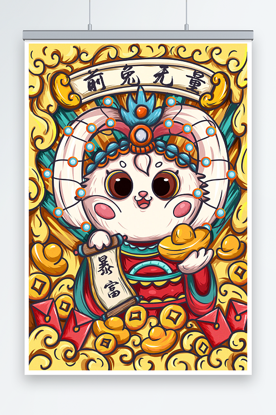 手绘国潮风卡通兔子新年喜庆插画