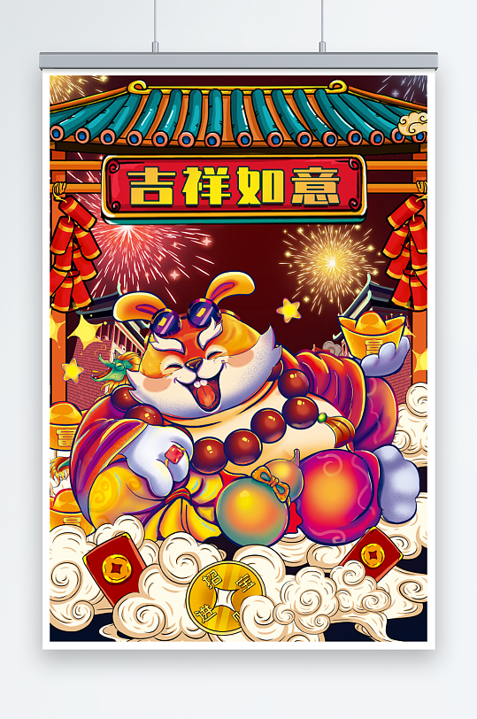 国潮兔年2023年新年春节吉祥如意插画