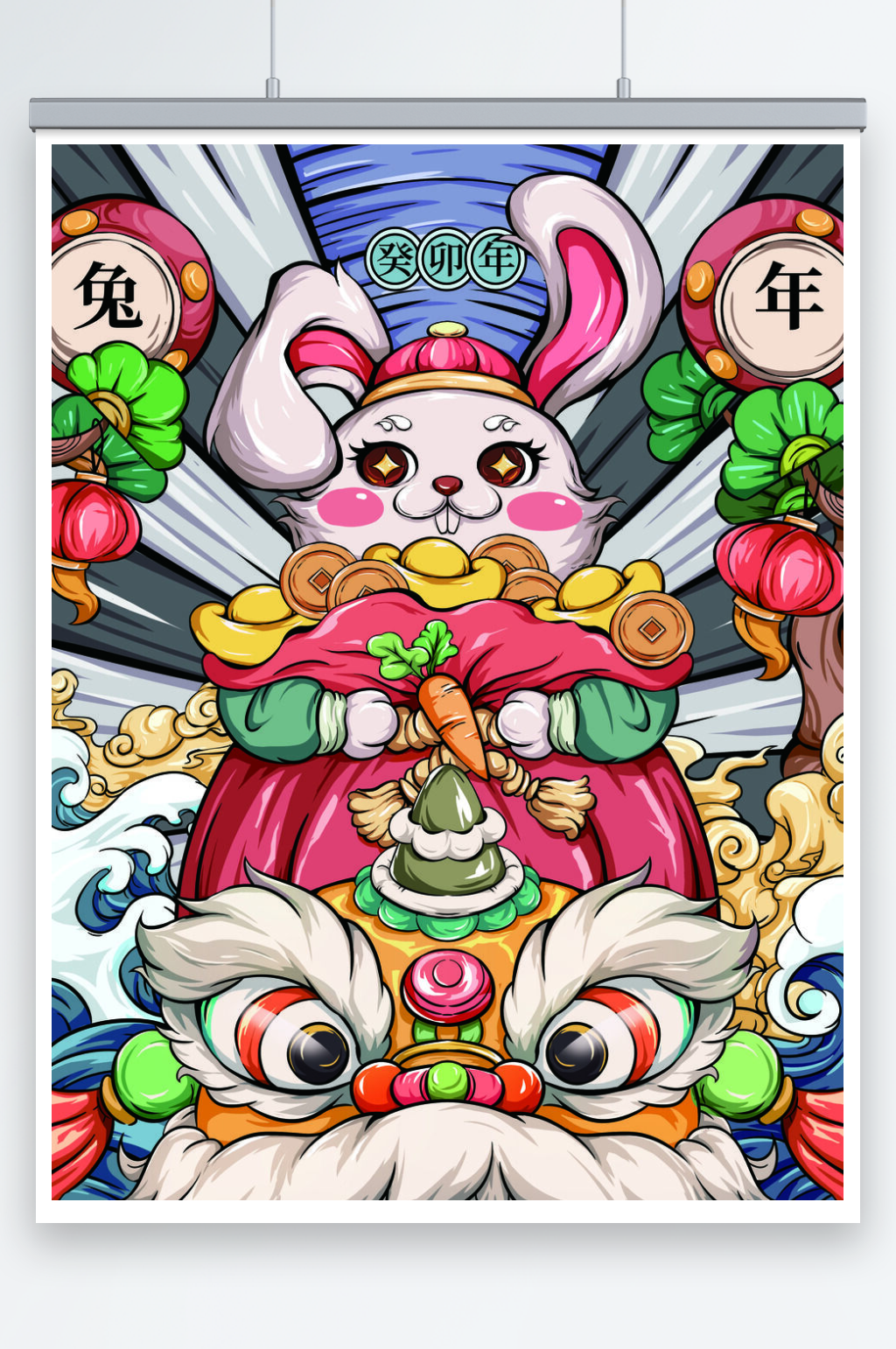 手绘国潮兔年大吉新年春节插画素材