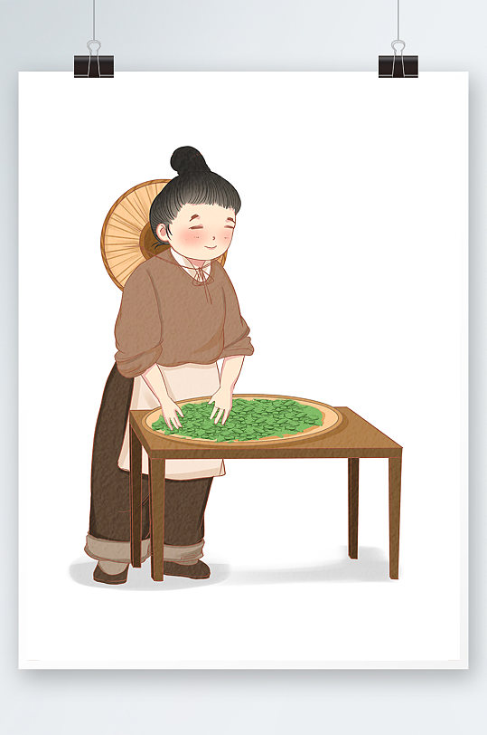茶艺茶具元素插画茶文化茶叶卡通人物插画采茶茶文化卡通人物插画蒸压