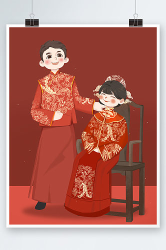 红色喜庆中式传统婚礼手绘插画
