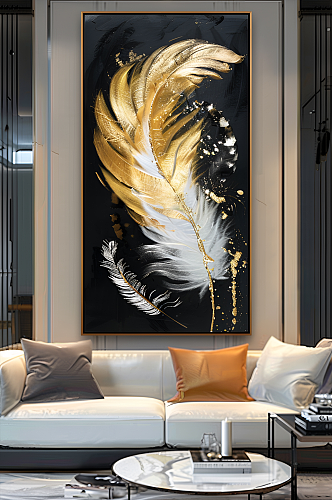 现代轻奢金色金羽毛客厅玄关晶瓷装饰画
