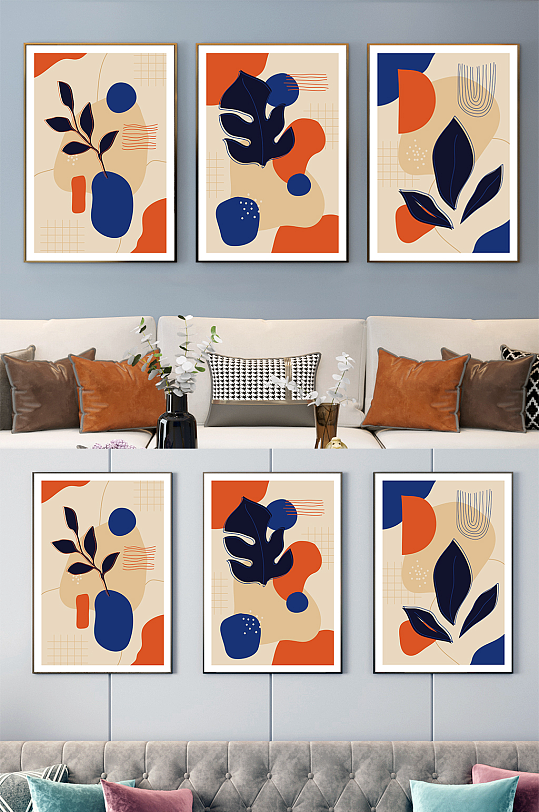 彩色抽象植物客厅三联装饰画-众图网