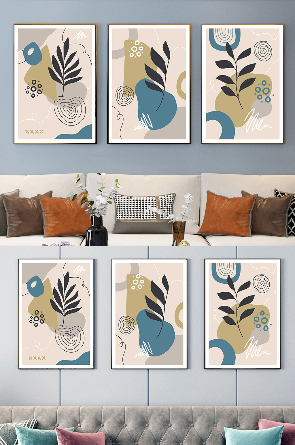 创意抽象植物简约客厅三联装饰画素材