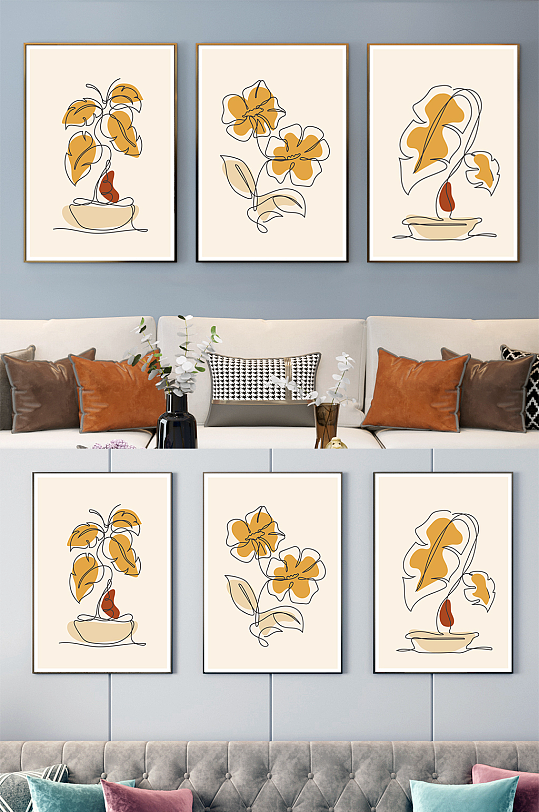 简约抽象植物花客厅三联装饰画-众图网