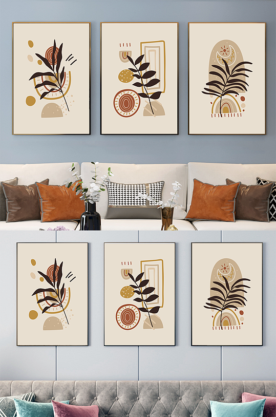 简约抽象植物画客厅装饰三联画-众图网