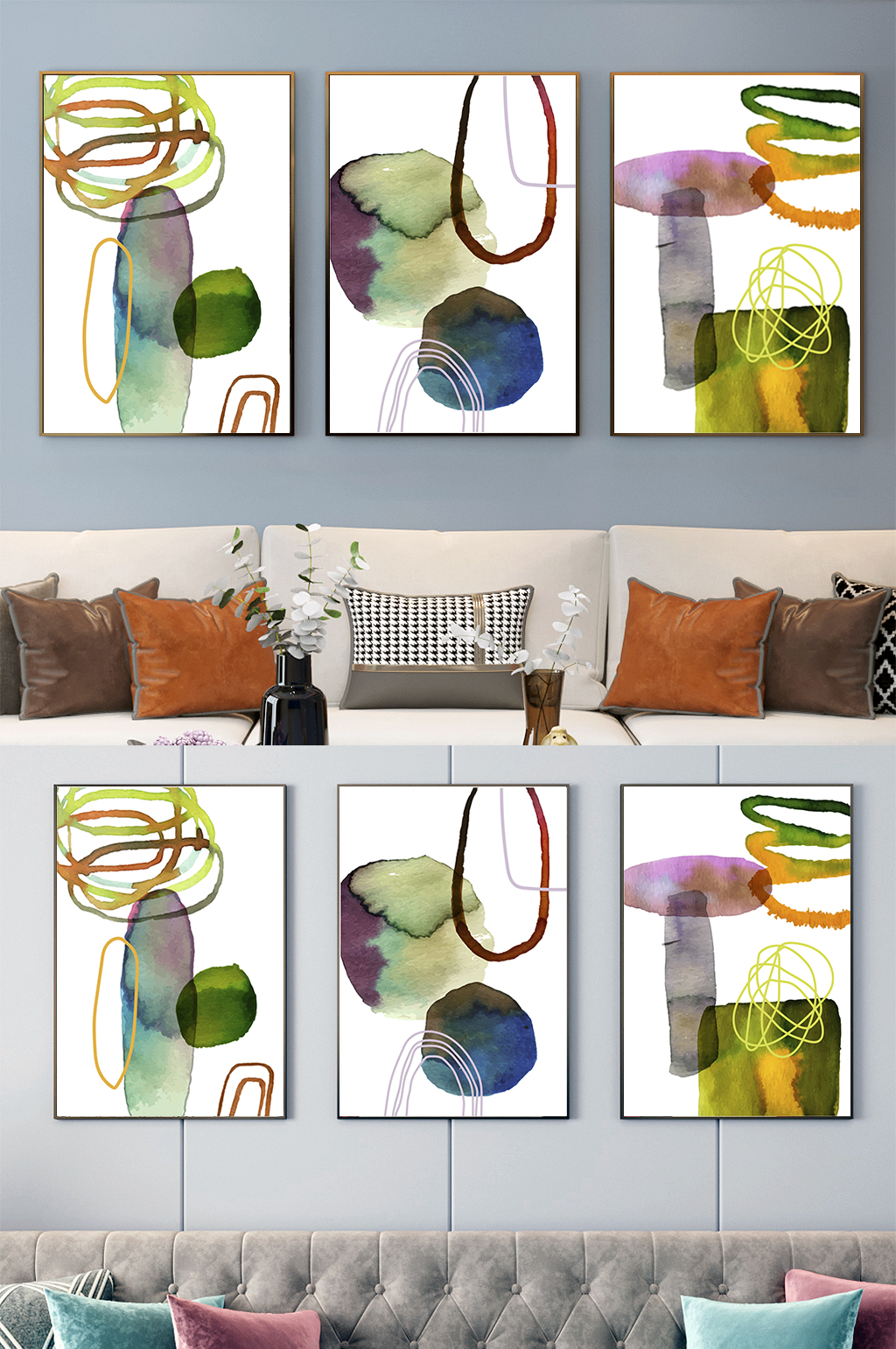 彩色抽象水墨画客厅三联装饰画素材