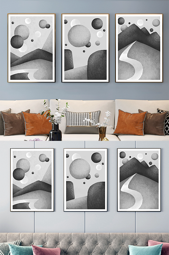简约黑白抽象图像客厅三联装饰画-众图网