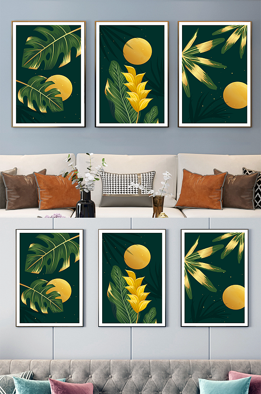 简约轻奢金绿色植物画客厅三联装饰画-众图网