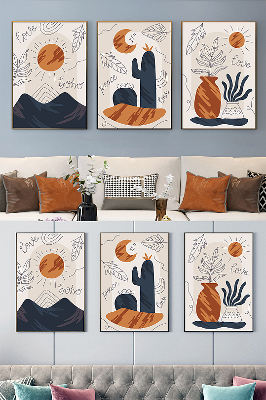 简约抽象植物线条图形客厅三联装饰画-众图网