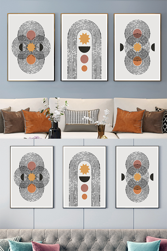 简约现代线条图形客厅三联装饰画-众图网