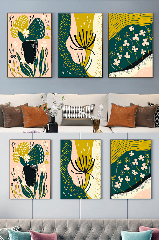 现代抽象线条植物客厅三联装饰画-众图网