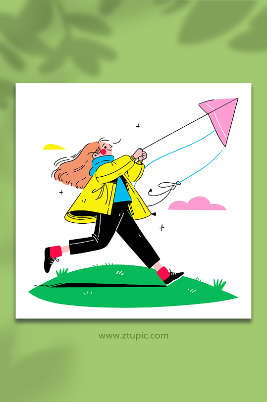 户外放风筝的女孩矢量人物插图素材-众图网