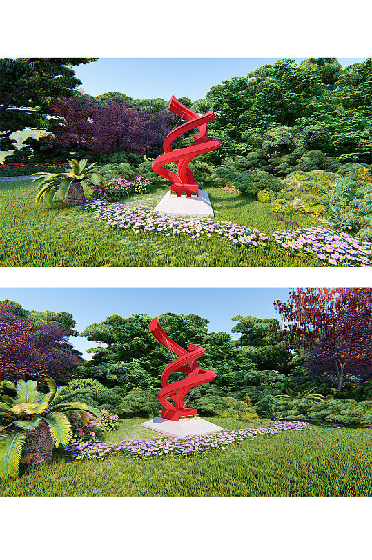 红色异形飘带雕塑小品-众图网