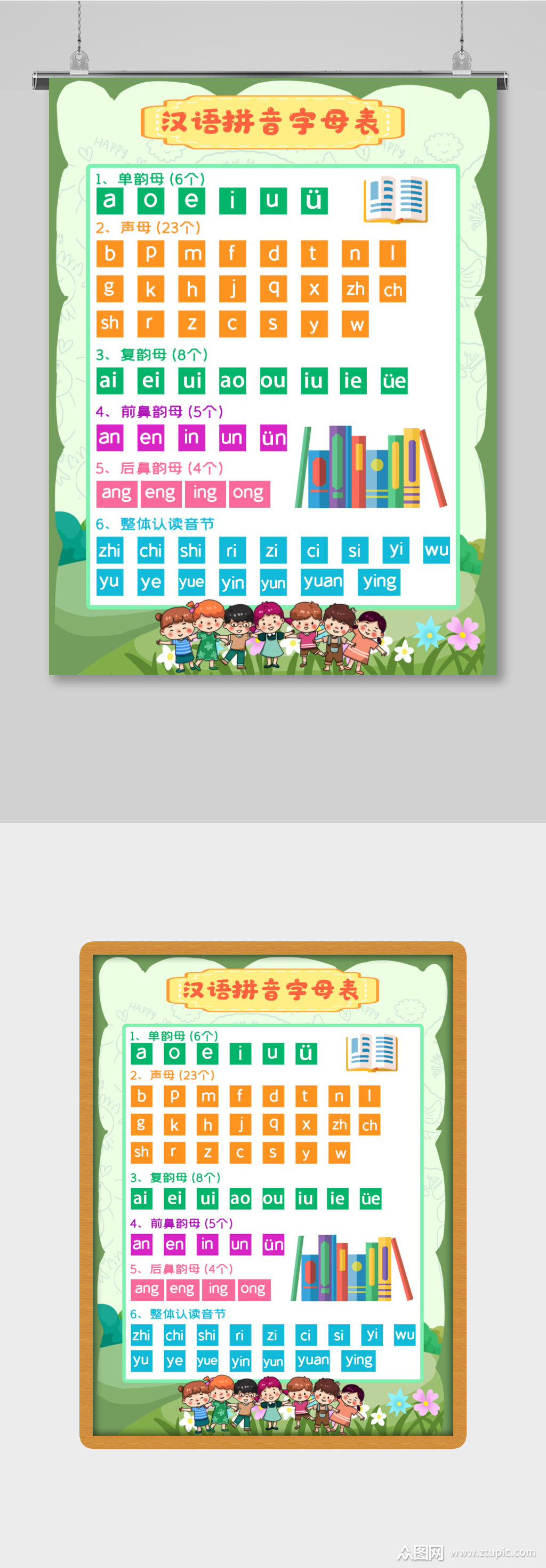 卡通绿色背景汉语拼音字母表海报