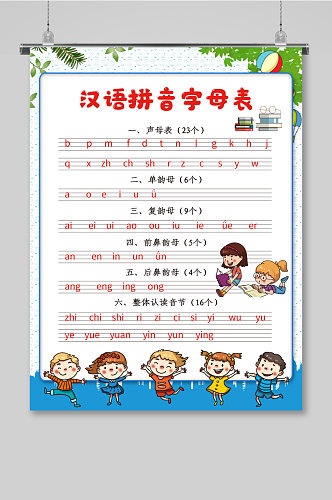 卡通人偶汉语拼音字母表海报
