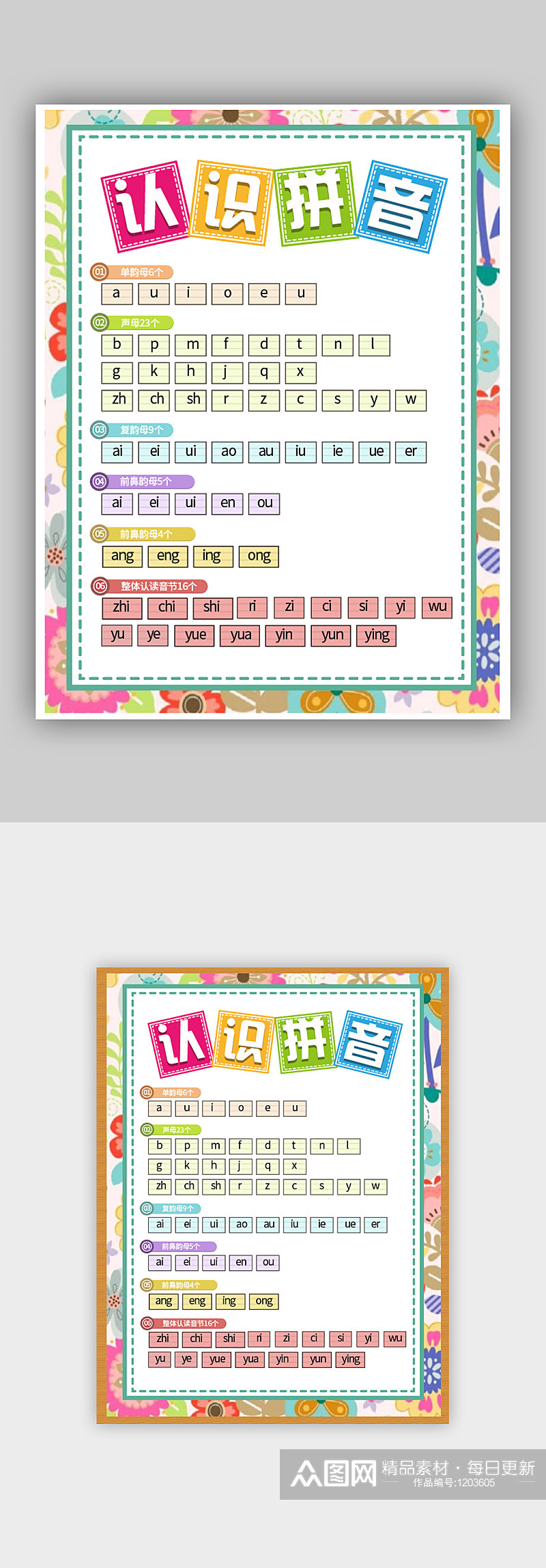 可爱花花背景汉语拼音字母表海报素材