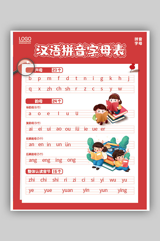 红色底汉语拼音字母表海报