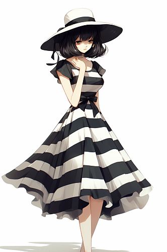 黑白条纹裙少女数字艺术AI