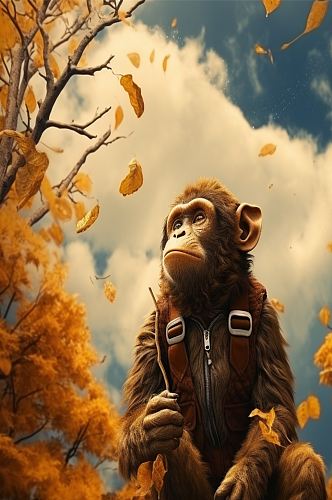 秋叶下的猴子数字艺术AI