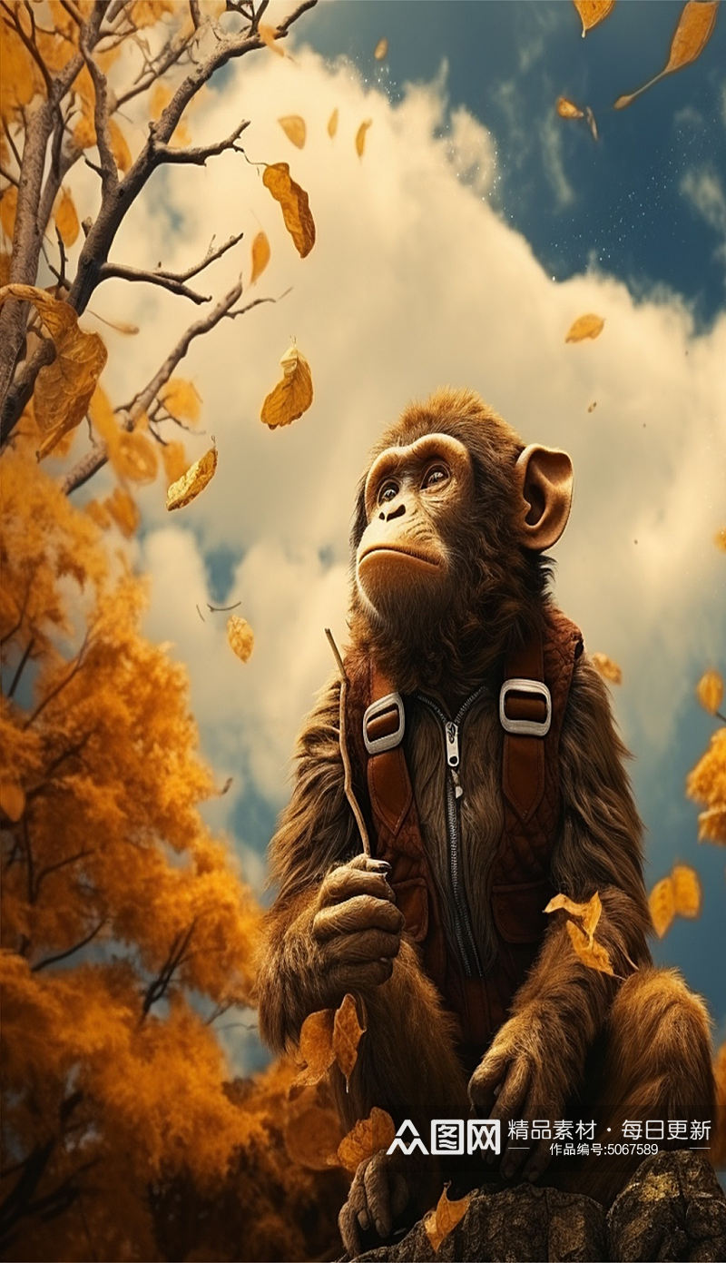 秋叶下的猴子数字艺术AI素材