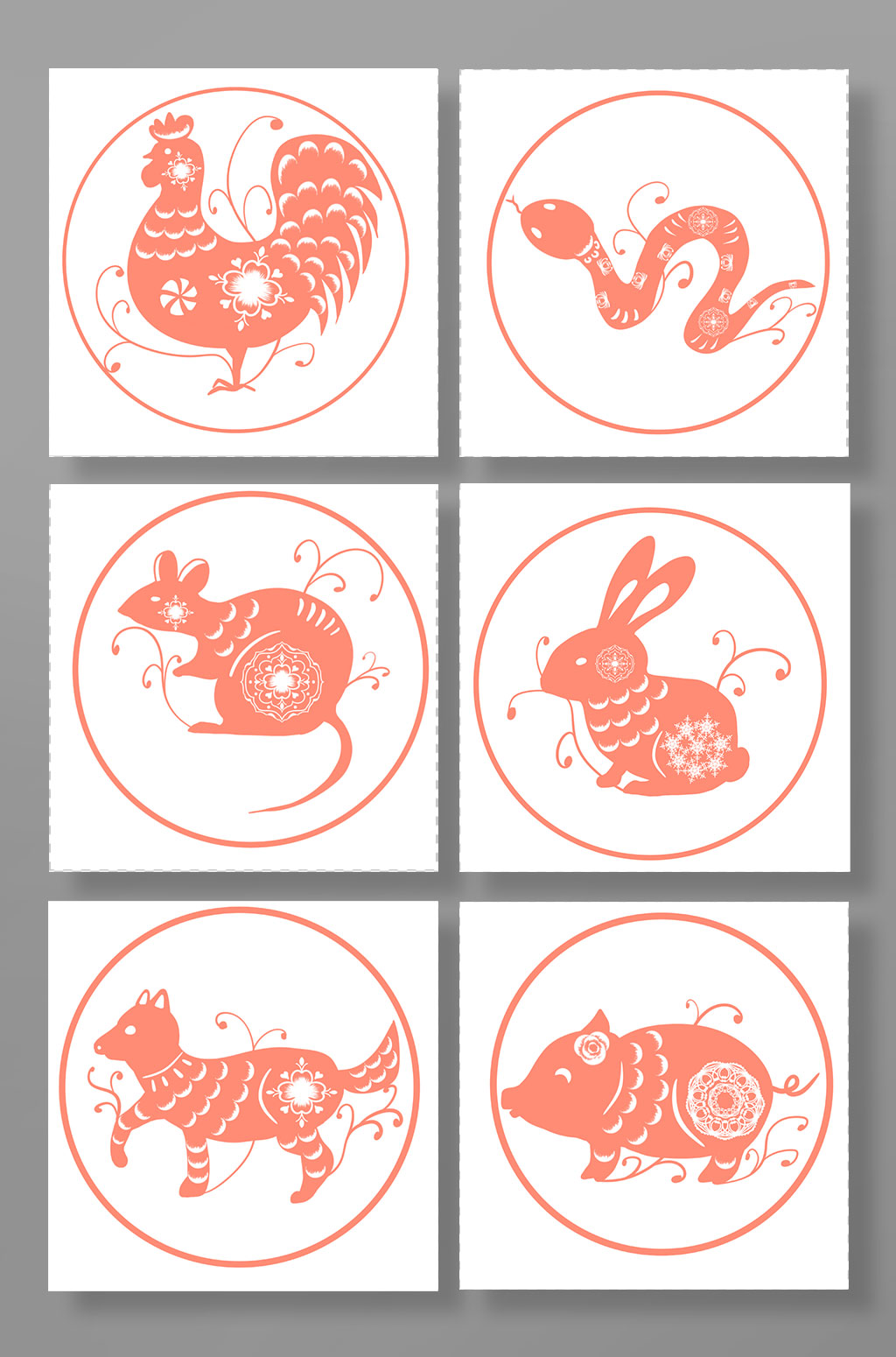 兔子老鼠蛇鸡狗猪十二生肖动物元素插画素材