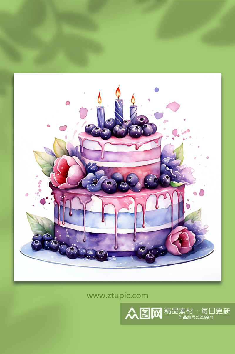 卡通手绘蓝莓蛋糕插画素材