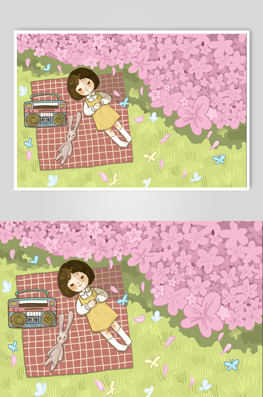 小女孩躺在樱花树下的草地上插画