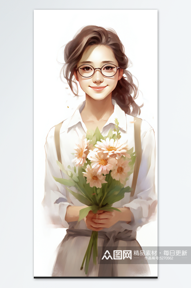 美女教师手捧鲜花素材