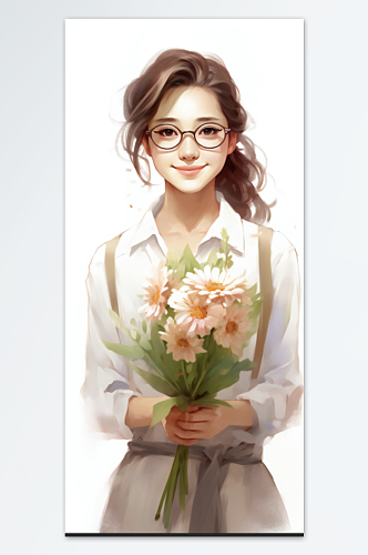 美女教师手捧鲜花