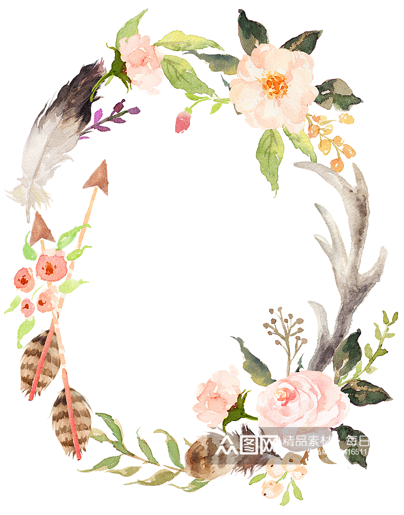 唯美手绘水彩花环花卉婚礼png装饰素材素材