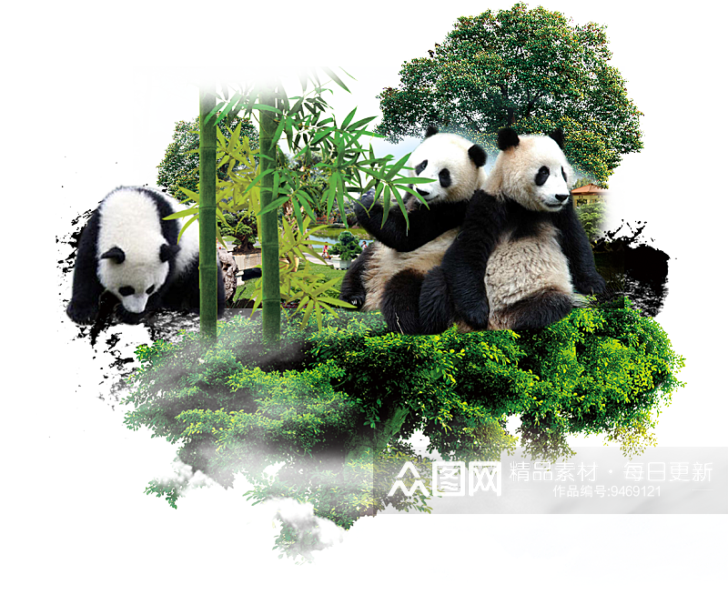 卡通国宝大熊猫水墨国潮熊猫动物PNG素材素材