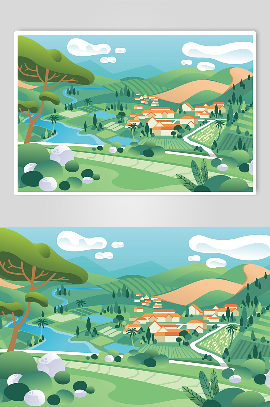 手绘卡通乡村田园风景插画海报背景图片
