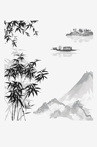 中国风水墨水彩中式古风禅意山水画PNG