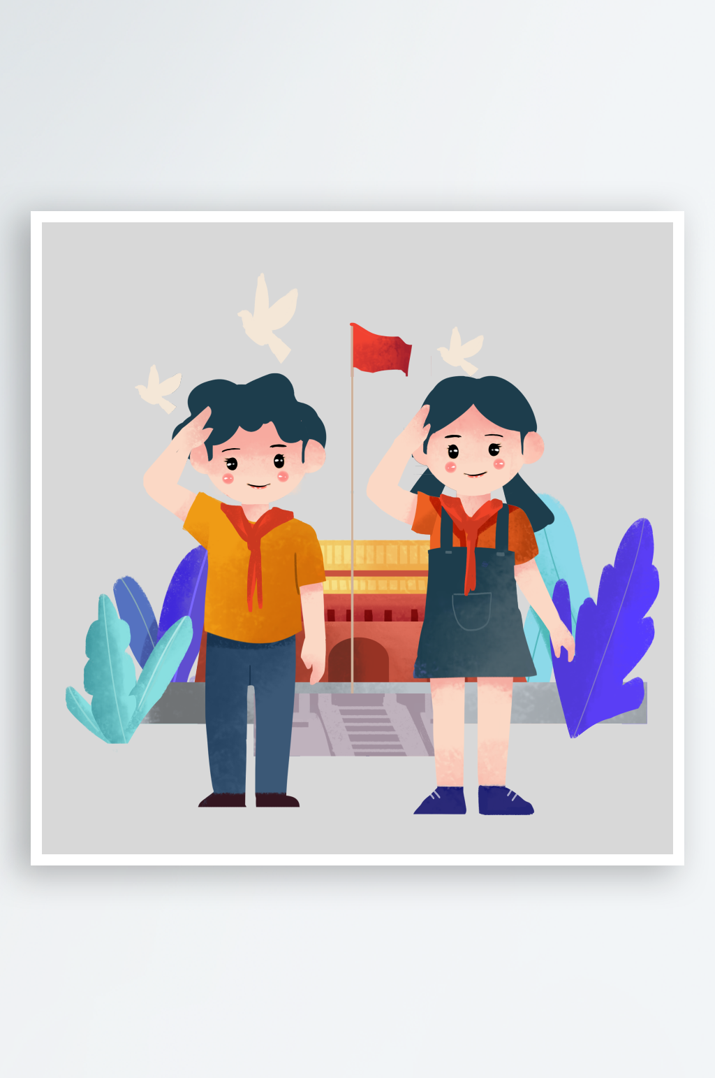 手绘卡通小学生少先队员敬礼行注目礼素材素材下载-众图网