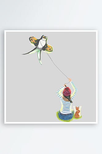 卡通人物儿童放风筝纸鸢春天踏青出游PNG