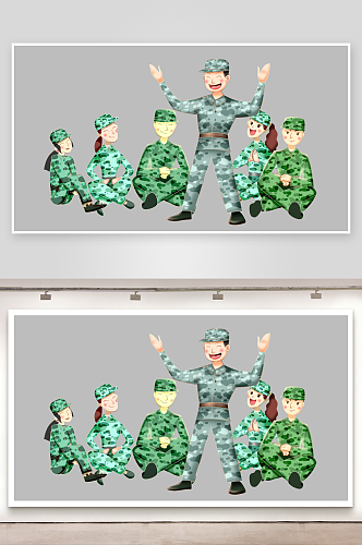 军人卡通迷彩服战士手绘解放军手绘素材元素