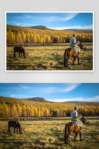 秋天草原上骑马的蒙古汉子