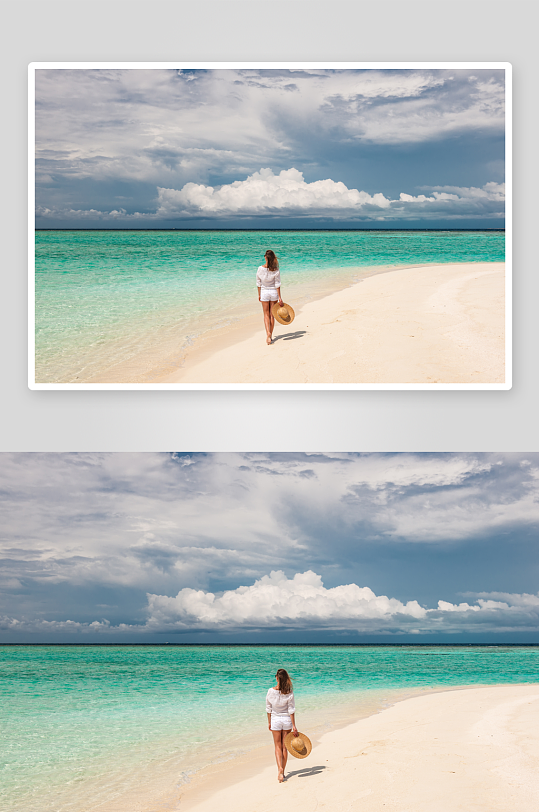 马尔代夫的热带海滩上戴着太阳帽的女人