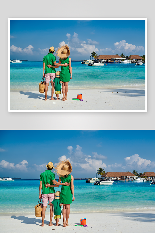 海滩上的家人穿着绿色衣服的轻夫妇三岁的