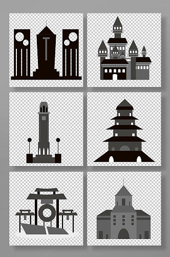 黑白风格剪影城市建筑高楼剪影元素