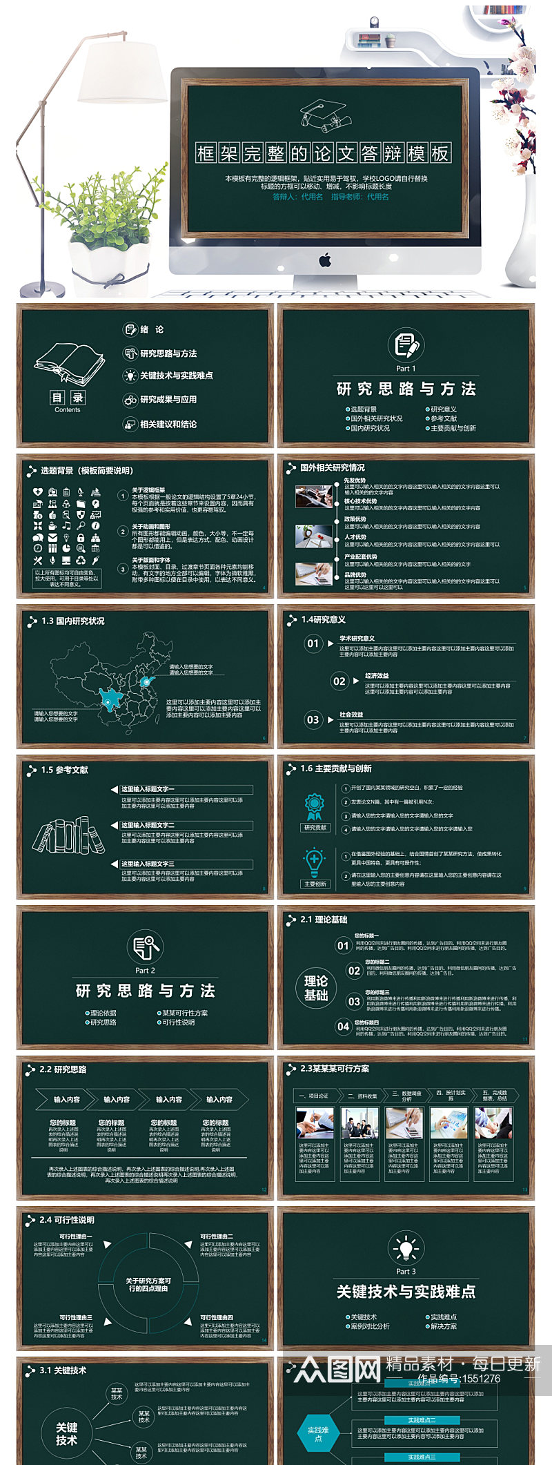 完整论文答辩黑板风格模板素材