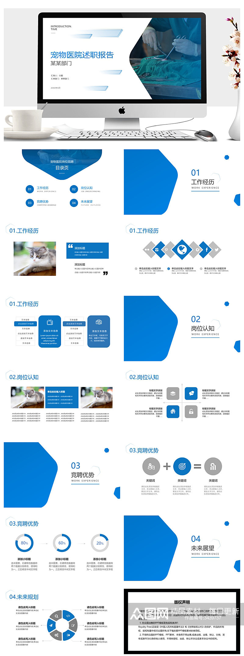 蓝白简约宠物医院述职报告PPT素材