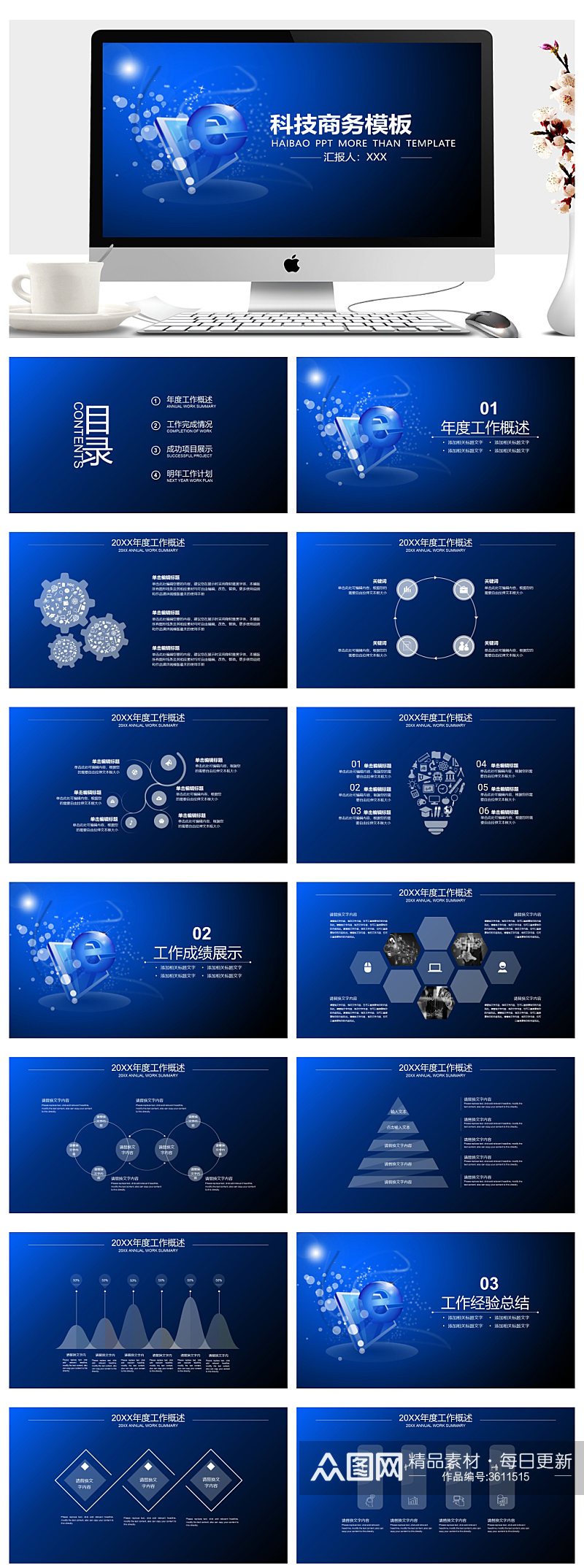蓝色大气商务科技年度工作总结PPT素材