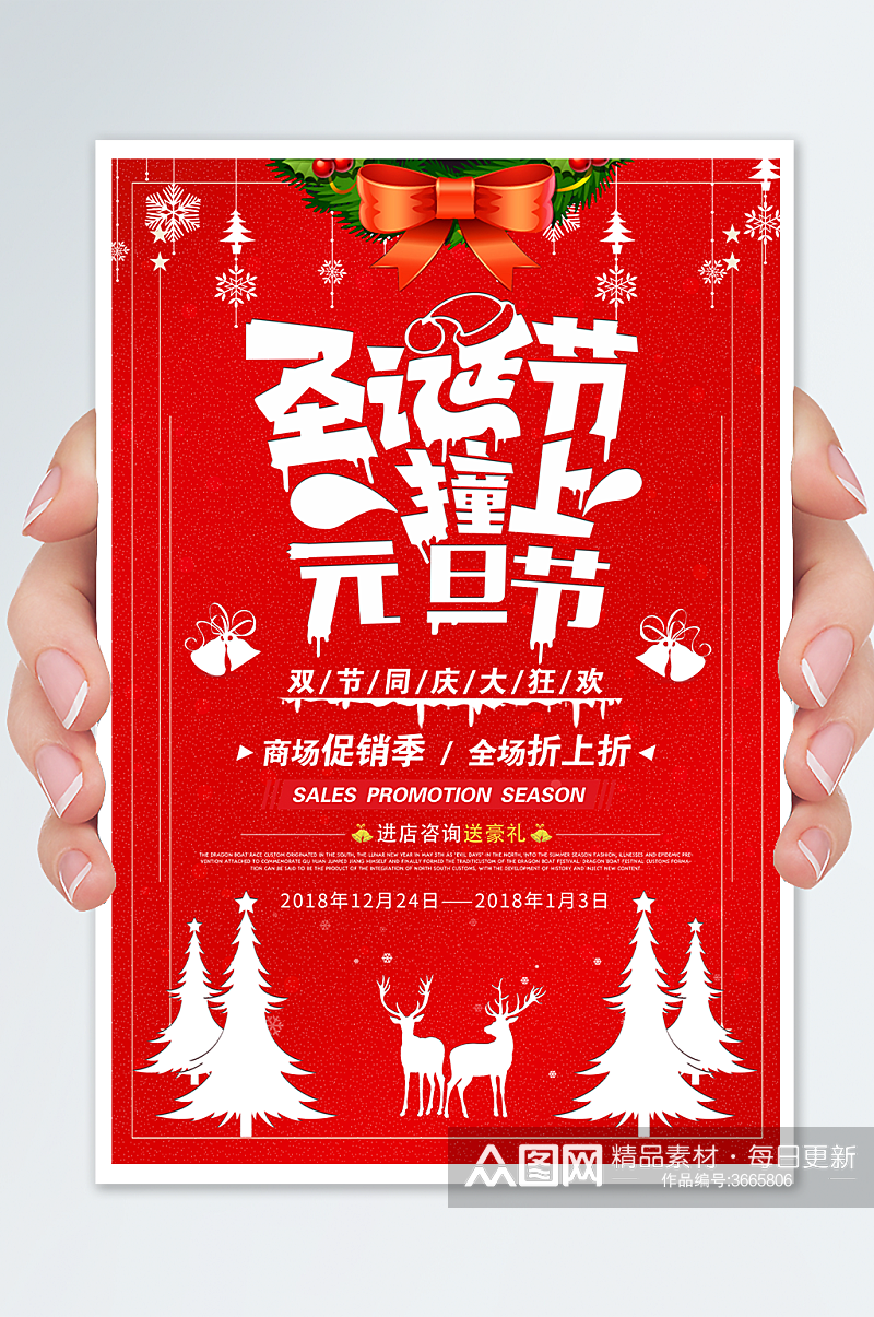 红色简约圣诞节撞上元旦节商业促销海报素材