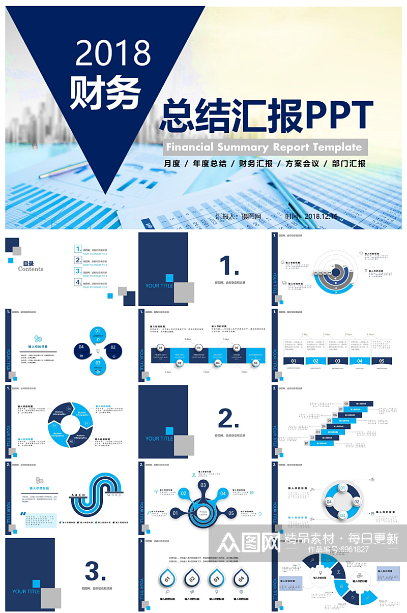 经典蓝色财务总结汇报PPT模板素材